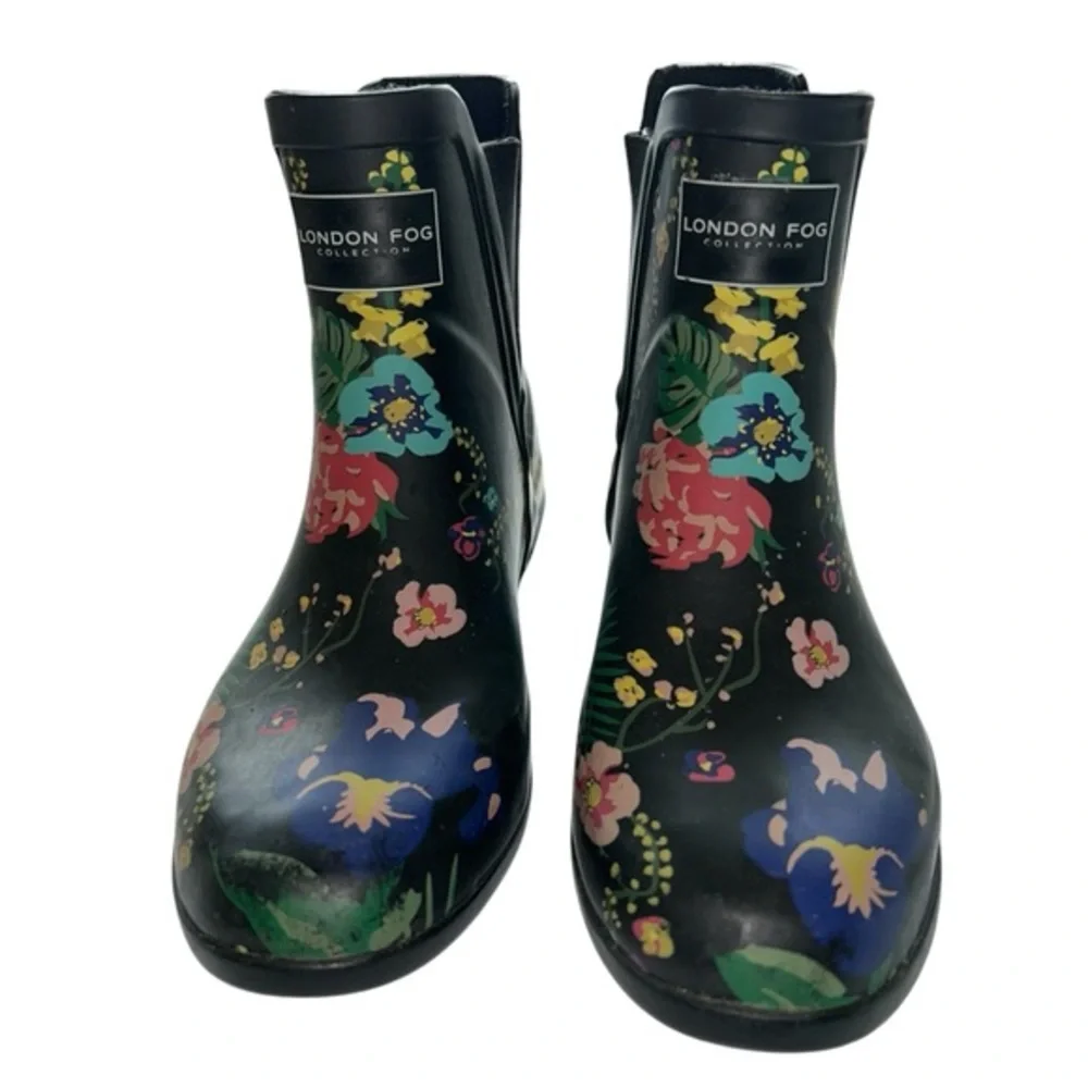 London Fog Black Floral Piccadilly Ankle Rain Boots‎ Waterproof Women’s 8